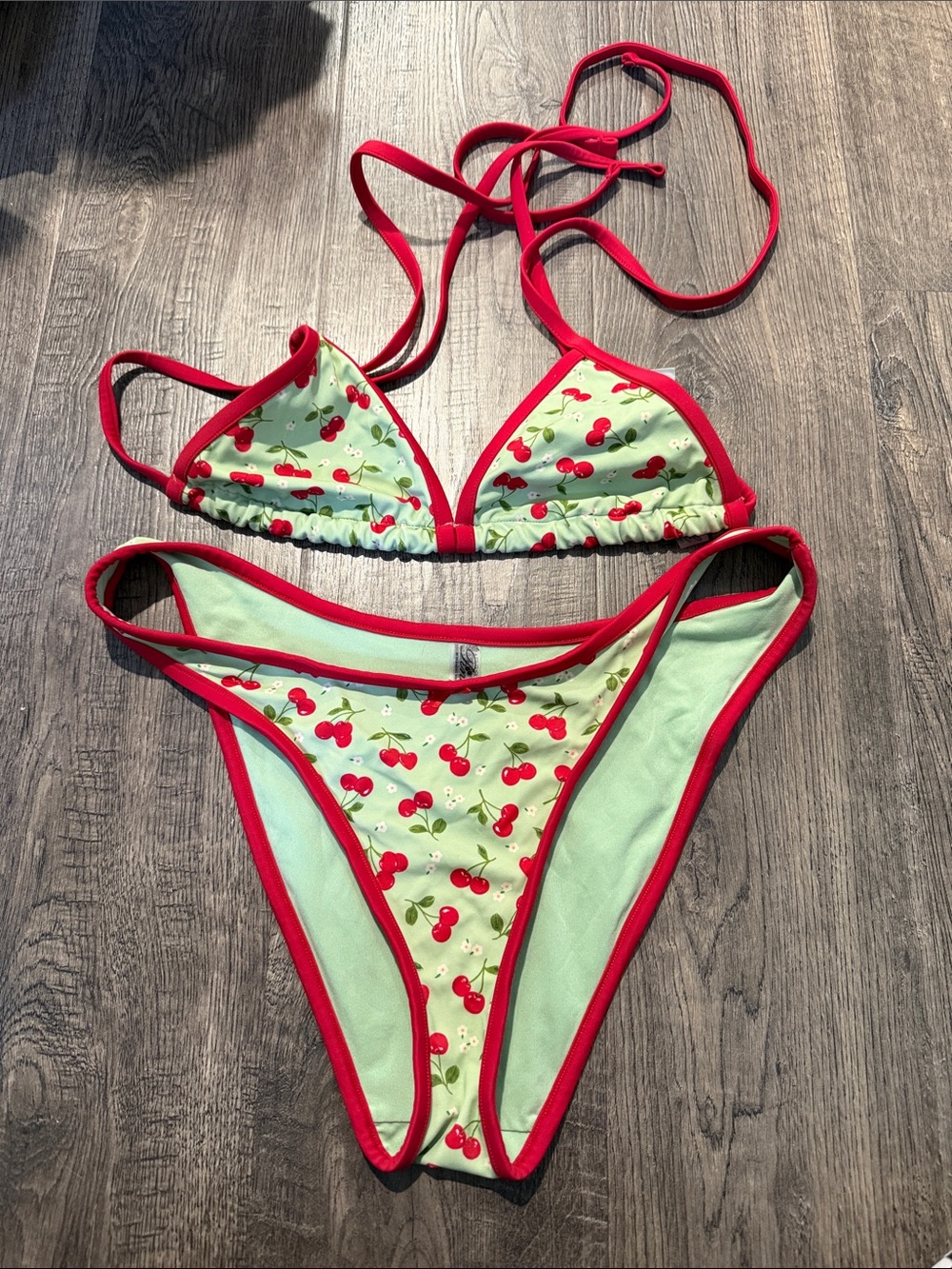 Frankie's Bikinis Cherry Print Triangle Bikini - Mint with Red Trim
